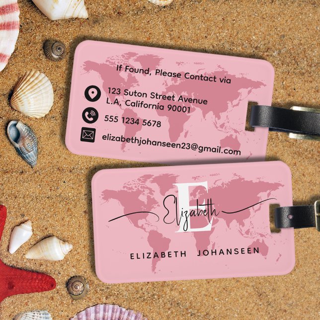 World Traveller Pink Map Modern Girl Monogram Name Gepäckanhänger (Von Creator hochgeladen)