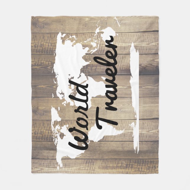 World Traveller White World Map Light Wood Fleecedecke (Vorderseite)