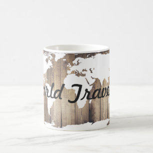 World Traveller White World Map Rustic Wood Tasse