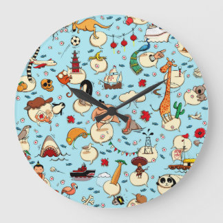 World Wonders: Farbenfrohe blaue Muster. Große Wanduhr