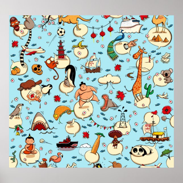 World Wonders: Farbenfrohe blaue Muster. Poster (Vorne)