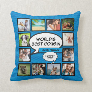 World's Best Cousin 12 Foto Collage Blue Fun Kissen