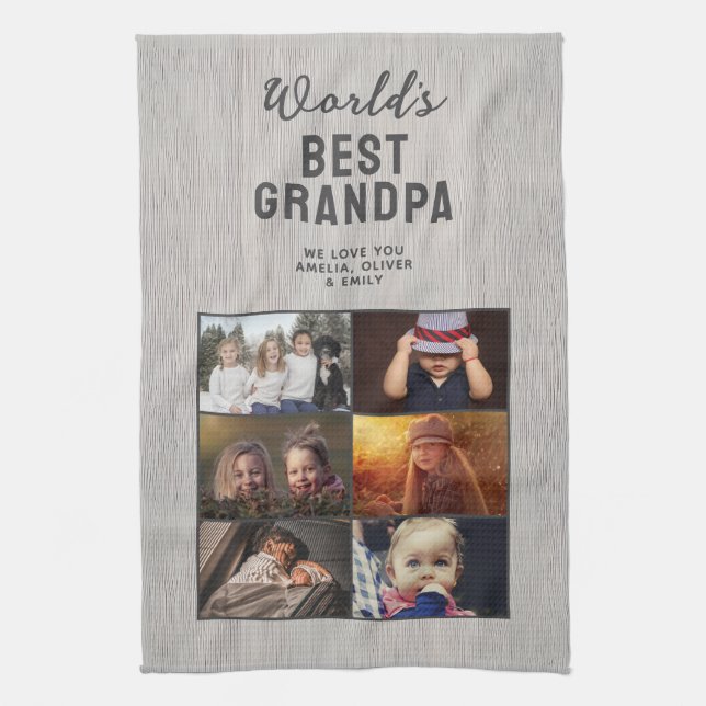 World's Best Grandpa Wood 6 Photo Collage Geschirrtuch (Vertikal)