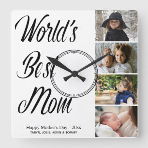 World's Best Mom Mother's Day Photo Collage Square Quadratische Wanduhr