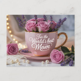 World's Best Mom: Pink Teacup Filled with Roses Postkarte