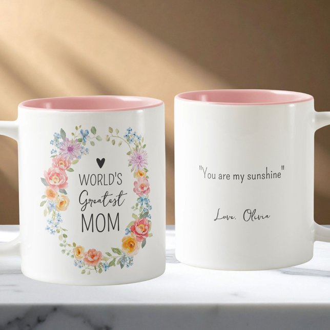 World's Greatest Mom Personalized Quote Floral Zweifarbige Tasse (Von Creator hochgeladen)