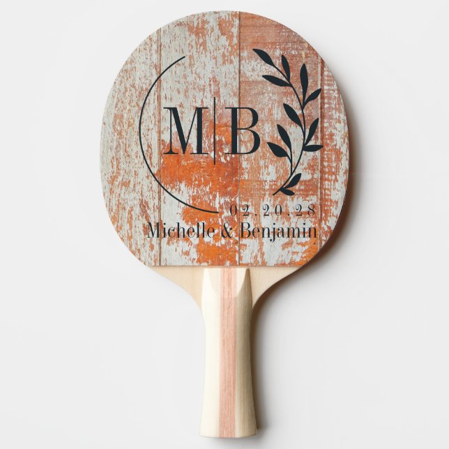 Worn Barn Wood Leaf Wedding Monogram Tischtennis Schläger (Rückseite)