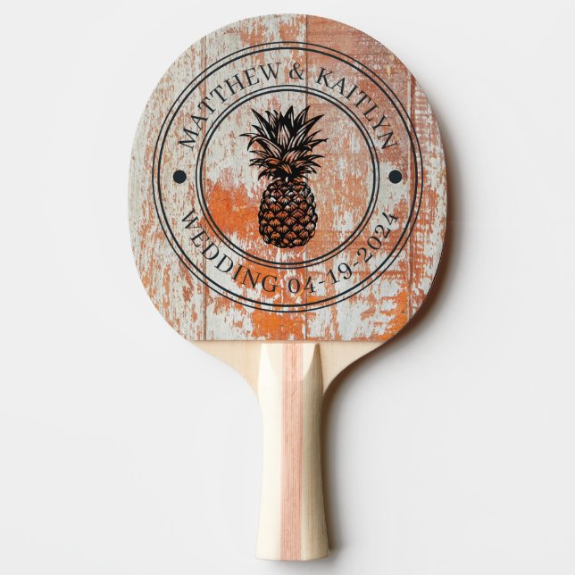 Worn Barn Wood Pineapple Wedding Crest & Names Tischtennis Schläger (Rückseite)