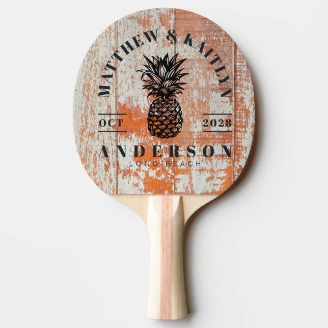 Worn Barn Wood Tropical Pineapple Wedding Crest Tischtennis Schläger (Rückseite)