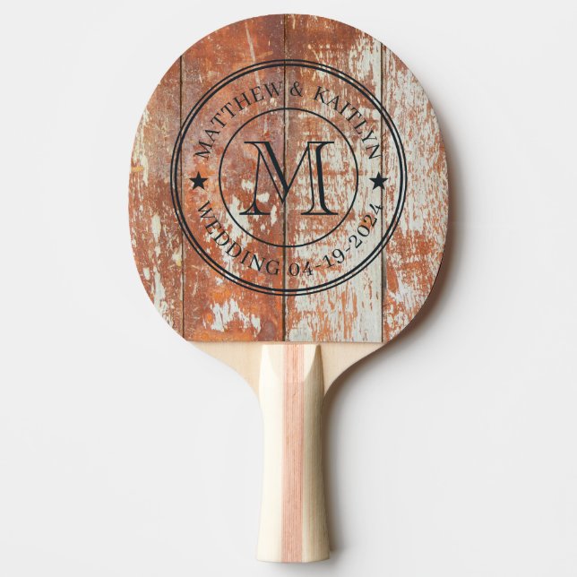 Worn Barn Wood Wedding Monogram Star Tischtennis Schläger (Vorderseite)