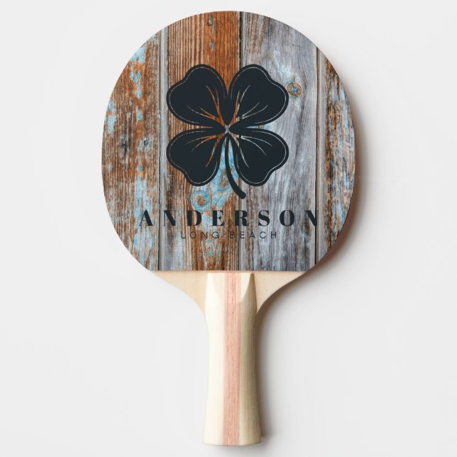 Worn Blue Wash Wood Four Leaf Clover with Name Tischtennis Schläger (Vorderseite)