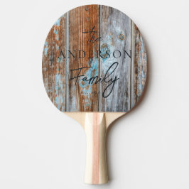 Worn Blue Wash Wood Hand Written Family Name Tischtennis Schläger