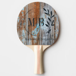 Worn Blue Wash Wood Leaf Wedding Monogram Tischtennis Schläger
