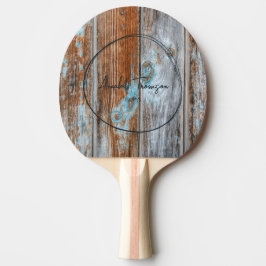 Worn Blue Wash Wood Name in Drawn Circle  Tischtennis Schläger