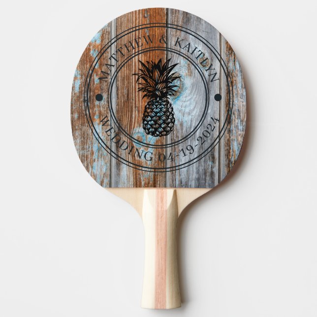 Worn Blue Wash Wood Pineapple Wedding Crest & Name Tischtennis Schläger (Vorderseite)
