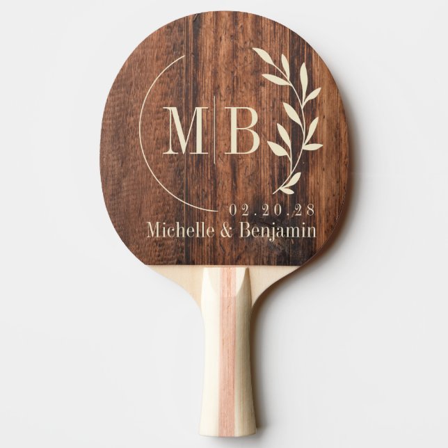 Worn Cutting Board Leaf Wedding Monogram Tischtennis Schläger (Rückseite)