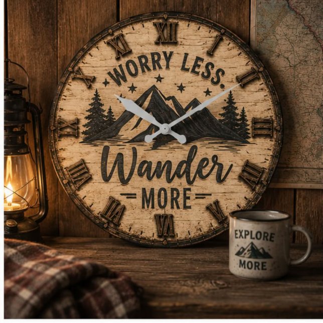 Worry Less Wander More Rustic Mountain Cabin Große Wanduhr (Von Creator hochgeladen)