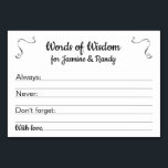 Wörter der Weisheitseiratgeber Karten Personalisie<br><div class="desc">Diese personalisierten Ratschläge sind das perfekte Kompliment für Ihre Hochzeitsfeier oder Hochzeitsdusche. Dieses Design vereint schwarze Schriftart mit Stahlgrau-Akzenten. Die Karte hat Platz,  um sich in Sachen wie "Always" do,  "Never" do und "Don't vergiss" beraten zu verlass zu lassen.</div>