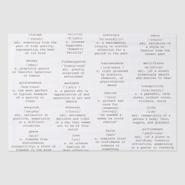 Wörter der Wörterbuchschrift Antiquitätenpapier Seidenpapier (Vorderseite)