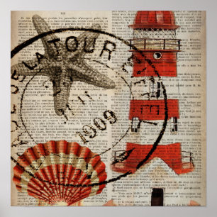 Wörterbuch druckt Art Seashell Leuchtturm Poster