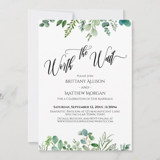 Worth the Wait Eukalyptus Greenery Empfang Einladung (Vorderseite)