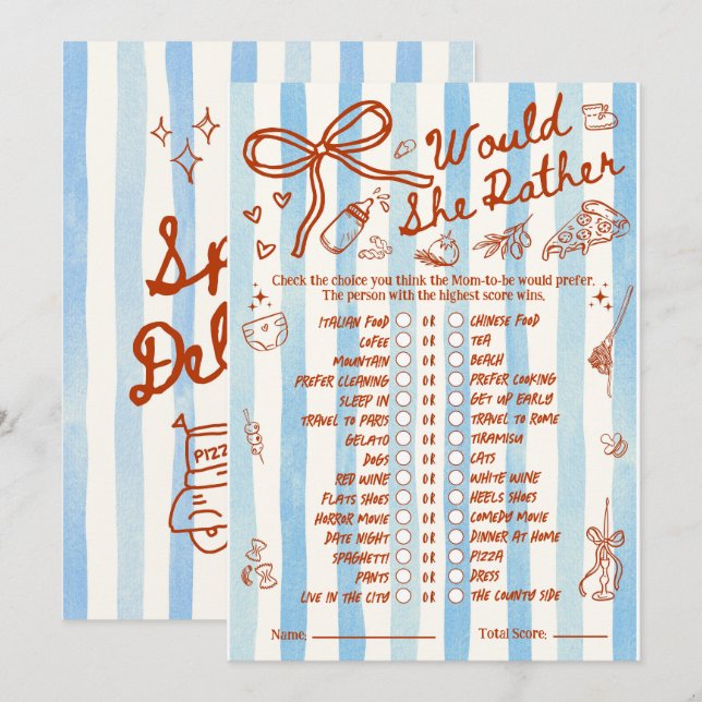 Would She Rather Baby Shower Game in Red Blue (Vorne/Hinten)