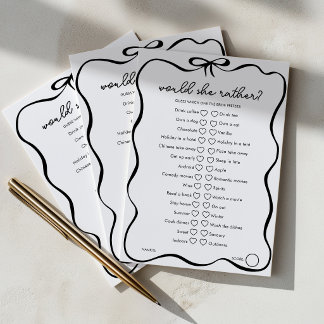 Would She Rather Bridal Shower Game Black Bow Hinweiskarte