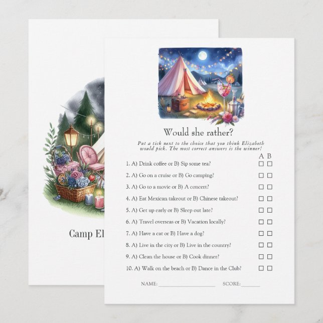 Would She Rather Camp Bachelorette Weekend Game Einladung (Vorne/Hinten)