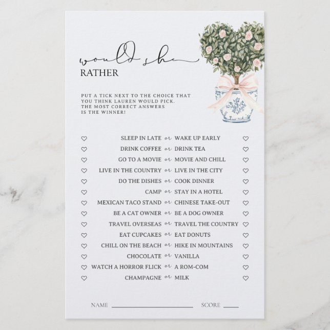 Would She Rather Chinoiserie Pink Shower Game (Vorderseite)