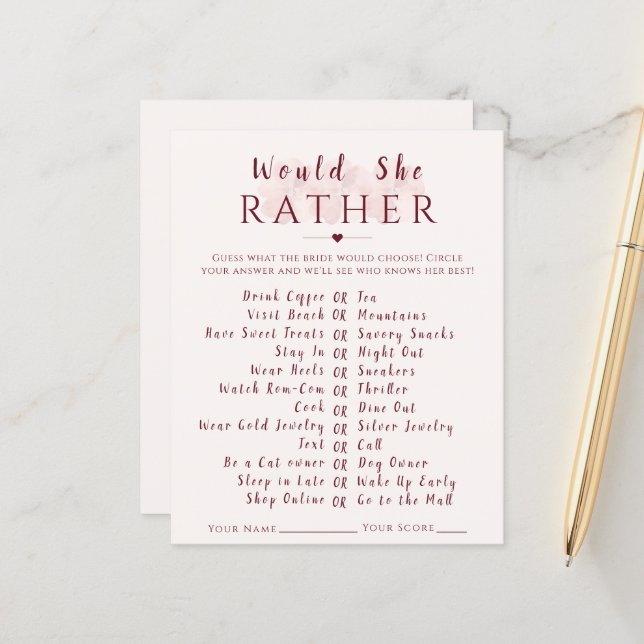 Would She Rather Floral Bridal Shower Game Card (Vorderseite/Rückseite Beispiel)