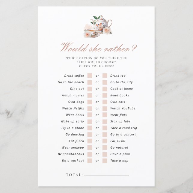 Would She Rather Tea Party Bridal Shower Game (Vorderseite)