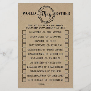 Would They Rather - Brautparty-Rustic-Spielkarte Flyer