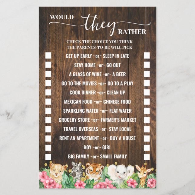 Would They Rather Rustic Pink Safari Game Card Flyer (Vorne)