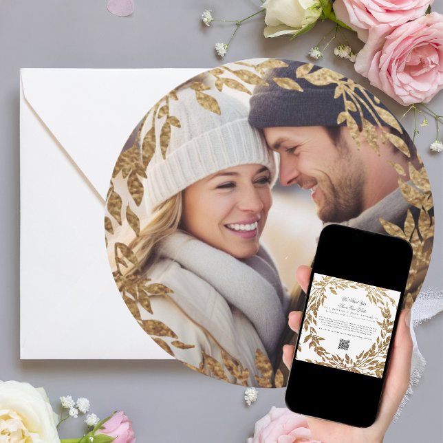 Woven Golden Kreath | Foto QR Code Round Wedding Save The Date (Von Creator hochgeladen)