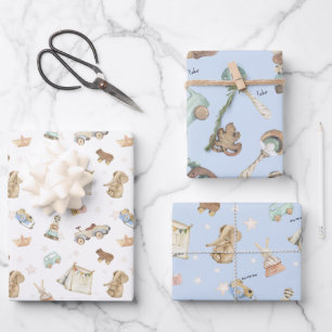 WP Blue   Name, Boy Oh Boy on Vintag Toys Geschenkpapier Set