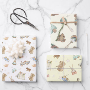 WP Boho   Namen auf (2) Vintagem Spielzeug Geschenkpapier Set