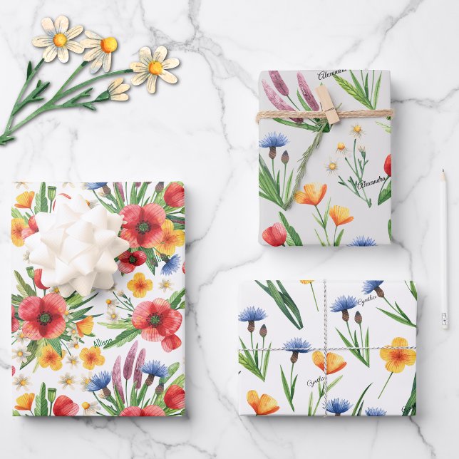 WP | Namen, 3 farbige 19x29 Blumenbezeichnungen Geschenkpapier Set (Von Creator hochgeladen)
