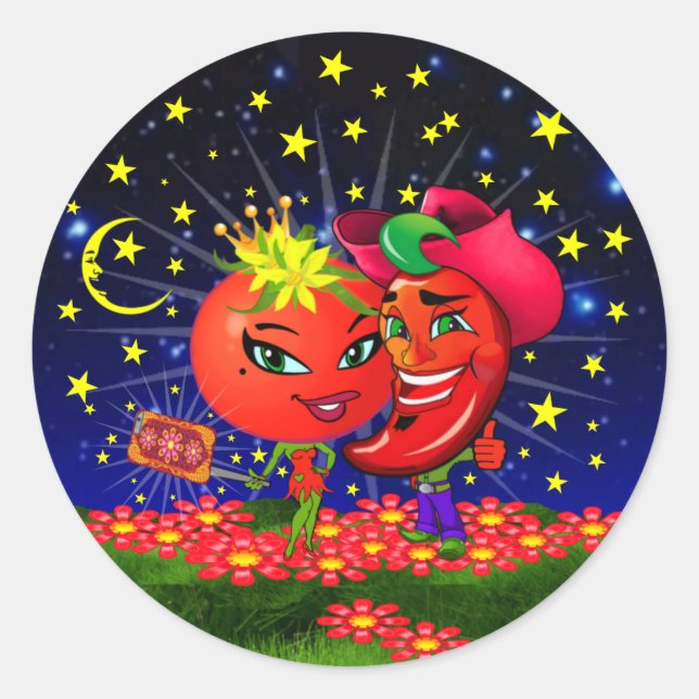 WQ STICKERS: Saucy Tomato & Scott Hot Pepper Runder Aufkleber (Vorderseite)