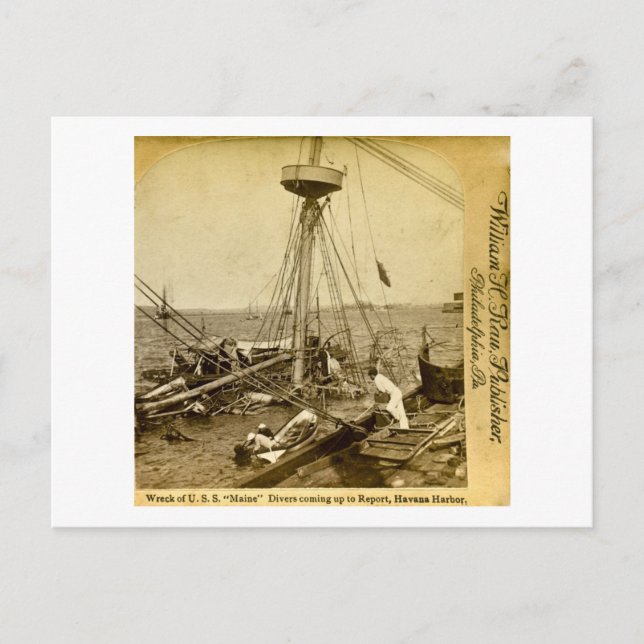 Wrack der U.S. Maine, Taucher kommen auf Postkarte (Vorderseite)