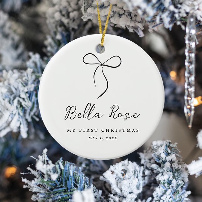 Wrackvoll mit Liebe Black Bow erste Weihnachtsfeie Keramik Ornament (Wrapped With Love Black Bow First Christmas Photo Ceramic Ornament)