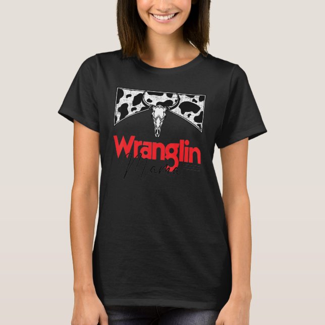 Wranglin Mama Red Bull Skull Leopard Western Cowhi T-Shirt (Vorderseite)