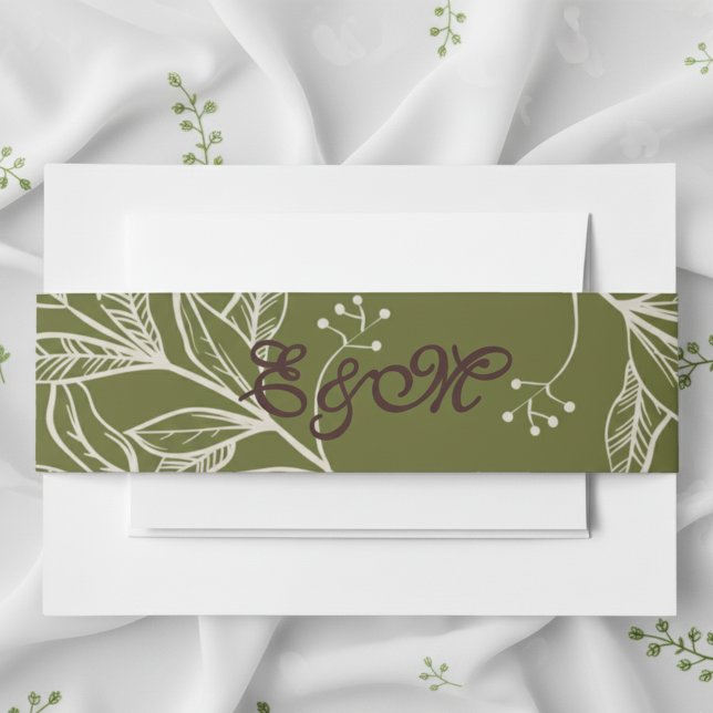 Wrap der neutralen Mousse Brown und Olive Green Einladungsbanderole (Wrap your wedding suite in simple elegance with this Modern Initials Belly Band!)