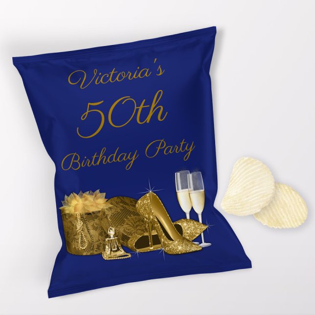 Wrappers Blue Gold Birthday Party Chip Bag Wrapper Flyer (1 ounce snack bag wrapper flyer. )