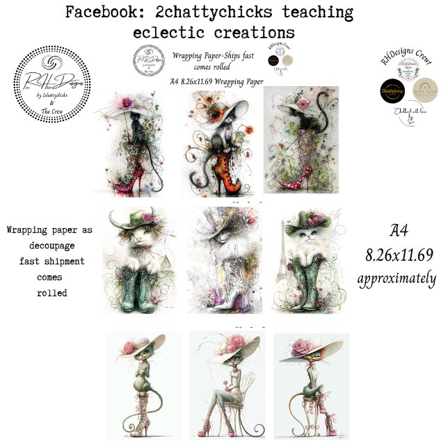 Wrapping Paper 9 A4 Designs Whimsical Cats Deco Geschenkpapier Set (Von Creator hochgeladen)