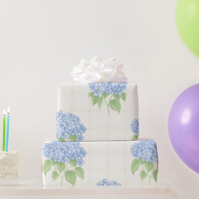 Wrapping Paper | Blue Hydrangea | Luxe Ivory Plaid Geschenkpapier (Partygeschenke)