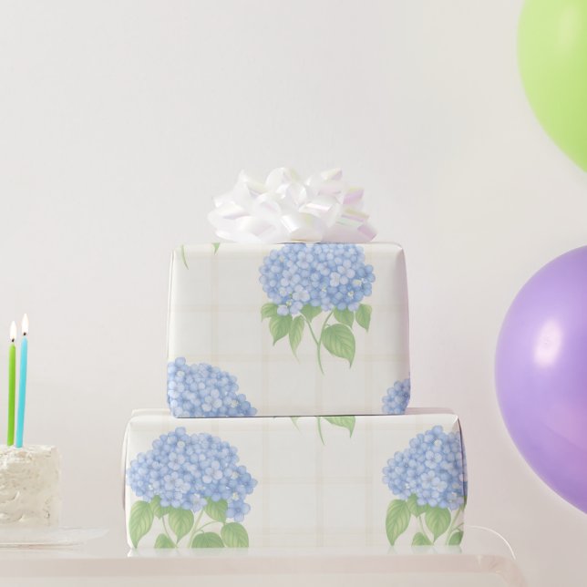 Wrapping Paper | Blue Hydrangea | Luxe Ivory Plaid Geschenkpapier (Partygeschenke)