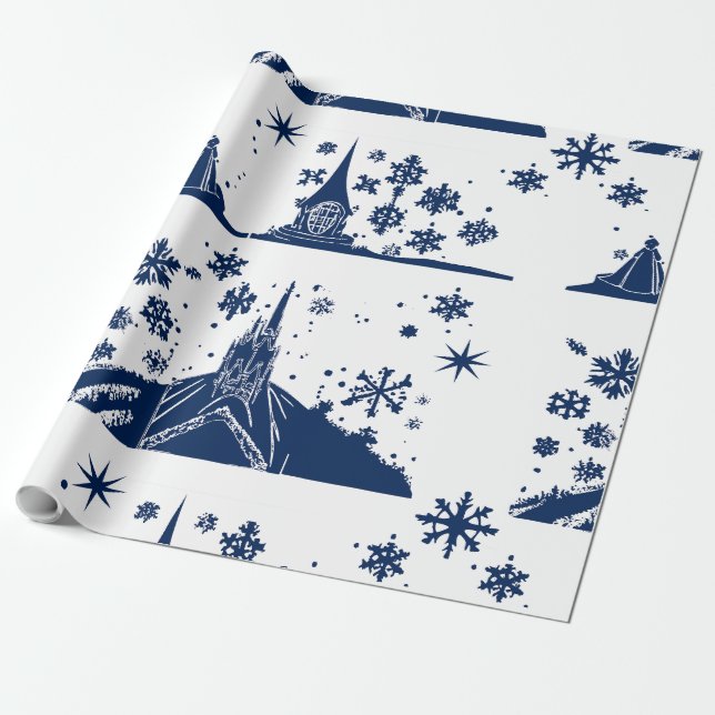 Wrapping Paper Christmas Castle Blue on White Geschenkpapier (Ungerollt)