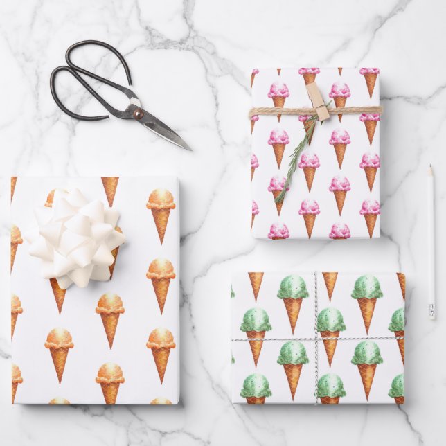 Wrapping Paper für Eiscreme-Kone-Watercolor Geschenkpapier Set (Vorderseite)