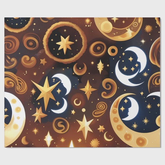 Wrapping Paper -Golden Ochre Celestial Moon Patten Geschenkpapier (Flach)