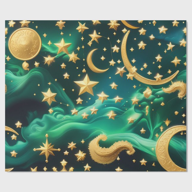 Wrapping Paper – Luxury Emerald Celestial Moon  Geschenkpapier (Flach)